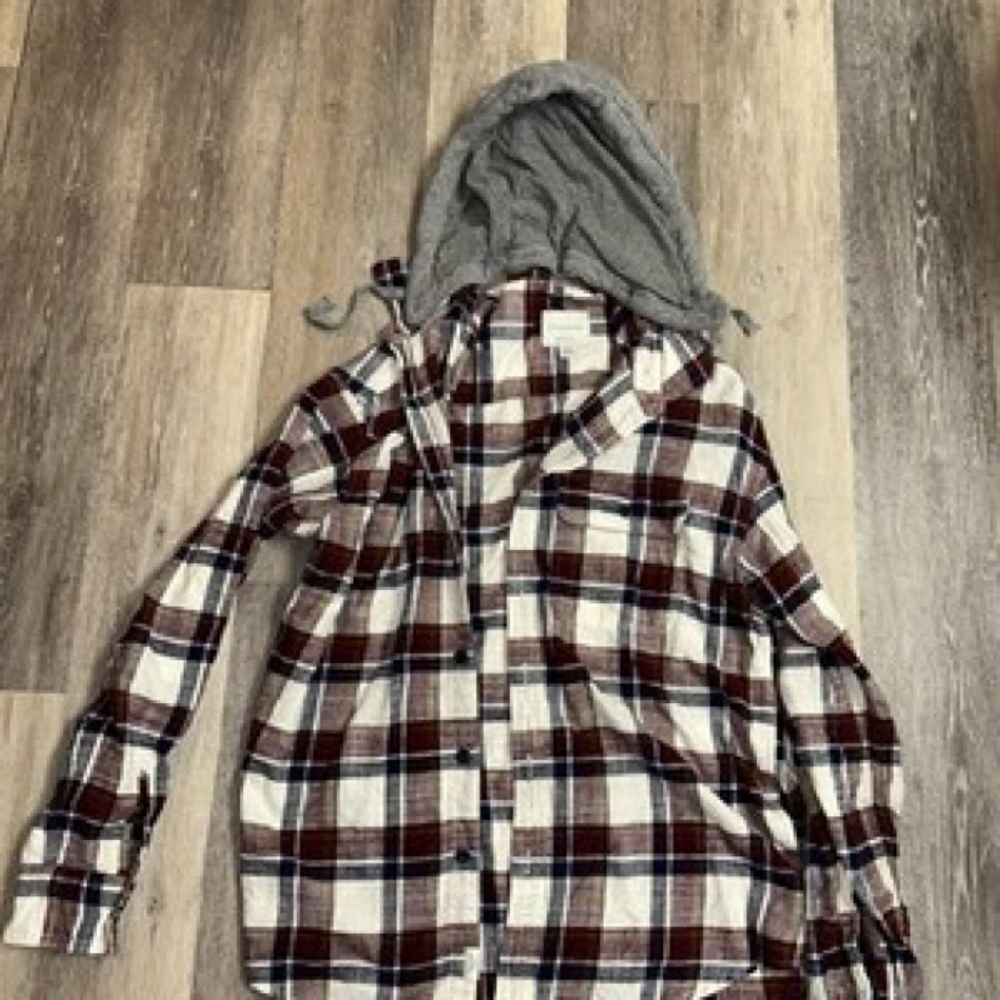 American Eagle Jacket Mens S Red Hoodie Drawstring Plaid Button Up